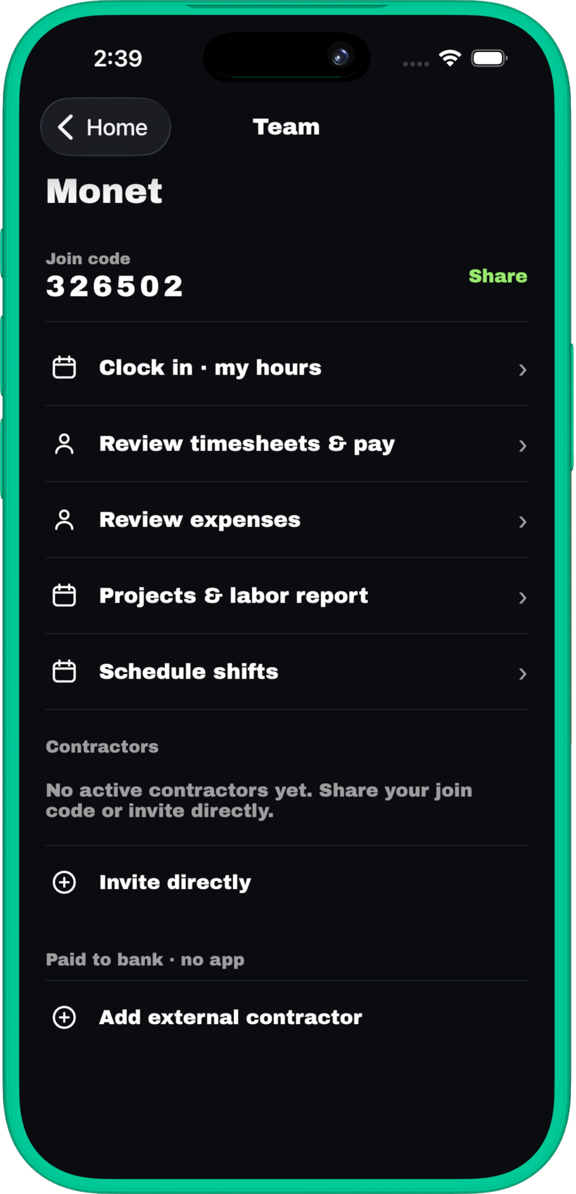 Managing a team, timesheets, and expenses in the Monet app