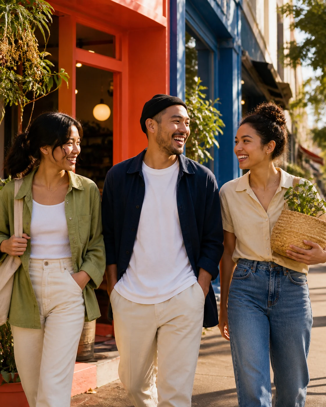 Friends and small business owners walking together outside a colorful neighborhood cafe