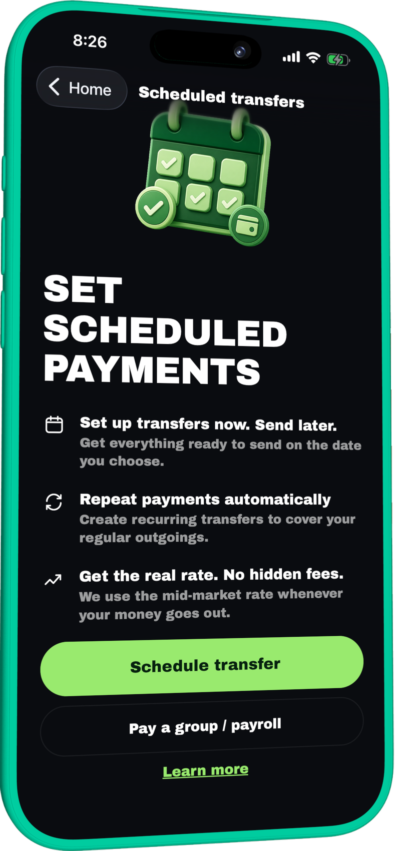 Setting up a scheduled transfer in the Monet app
