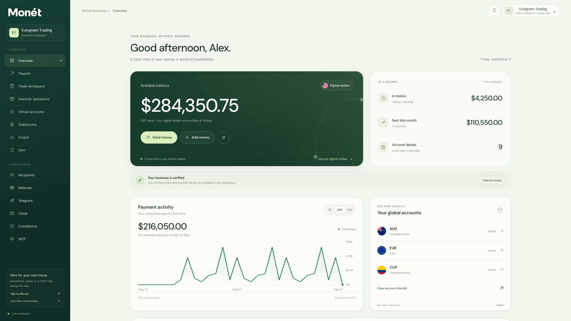 The current Monet Business overview with digital-dollar balances, payment activity, global accounts, and workspace navigation, shown with sample data